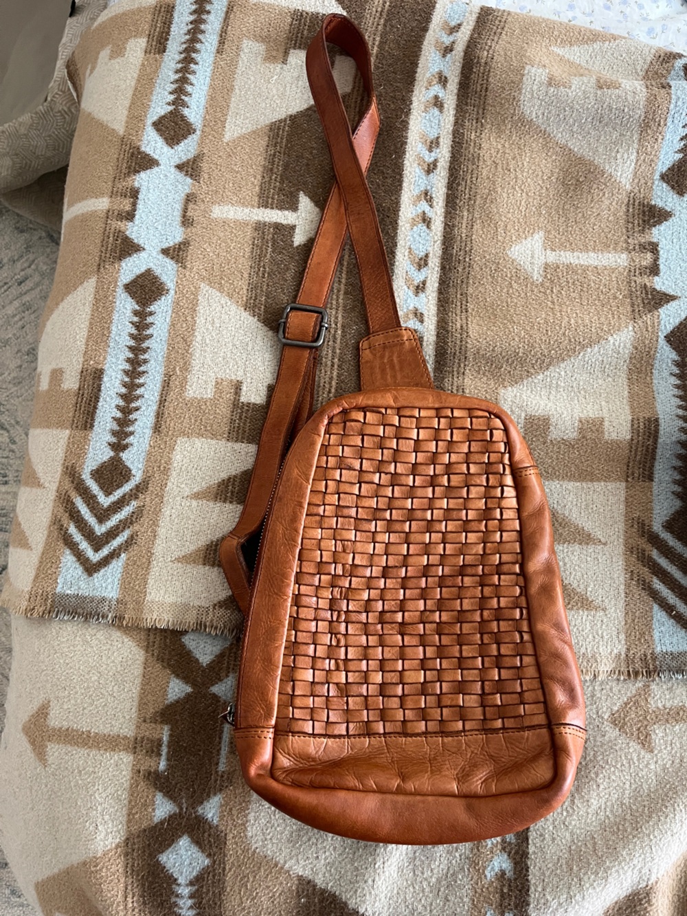 Vilenca Woven Leather Crossbody Sling Bag - Cognac Brown